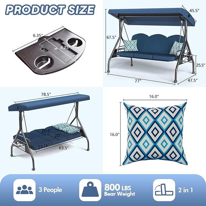 3 Seat Outdoor Porch Patio Swing with Stand 800lbs 2-in-1 Convertible Swing Bed with Adjustable Canopy & Removable Cushion for Yard Garden Deck (Blue, Round Tube)