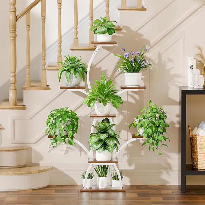 Plant Stand Indoor with Grow Lights, 6 Tiered Plant Shelf Indoor, 50" Corner Plant Stands for Indoor Plants, Lighted Tree-Shaped Plant Holder, Tall Flower Display Rack for Living Room, Patio（White)