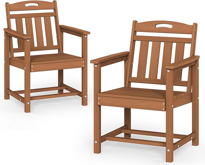 Set of 2 Weatherproof Patio Chairs - HDPE Outdoor Dining Chairs with Wide Seat, Ergonomic Design - for Garden, Backyard, Deck - Teak