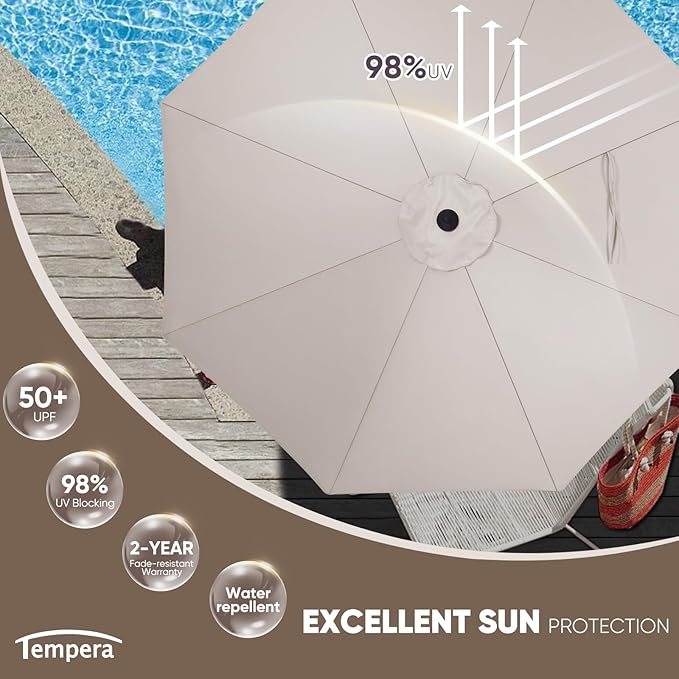 Tempera Patio Market Outdoor Table Umbrella with Auto Tilt and Crank, Large Sun Umbrella with Sturdy Pole & Fade Resistant Canopy, Easy to Set
