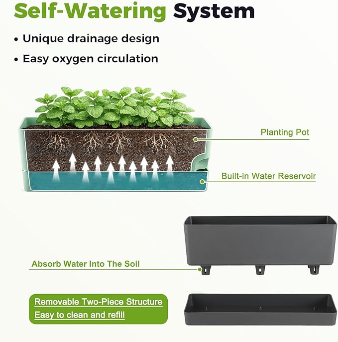 4 Pack Self Watering Pots for Indoor Plants 17 Inches Window Boxes Planters Rectangular Flower Pots Rectangle Herb Pots Large Plant Pots with Drainage Holes and Saucers Windowsill Planter, Grey