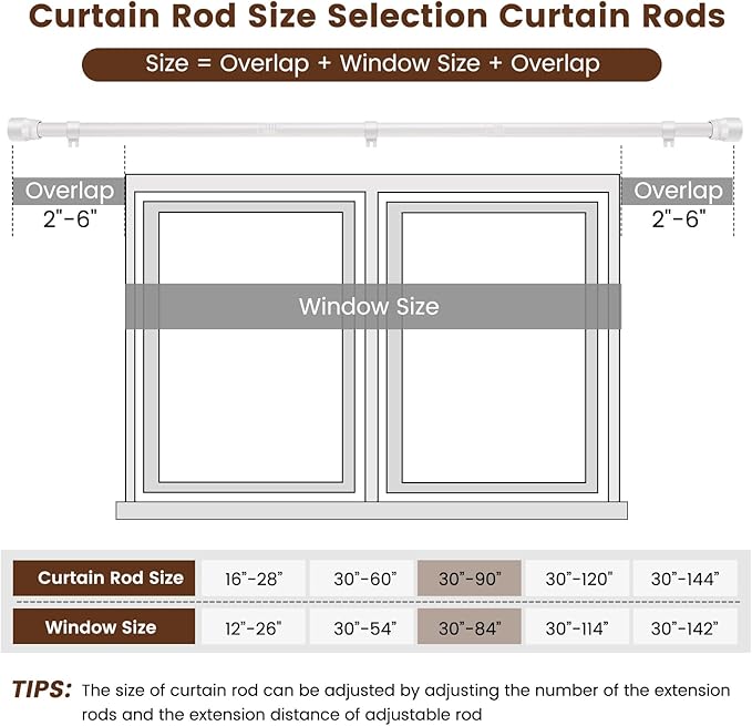 1” Diameter Curtain Rods Itself is 30 to 90 inch 1 Pack Fit 30-84 inch Window with Heavy Duty Adjustable Rod Matte White Splicing Metal Extra Long Curtain Rod for Windows