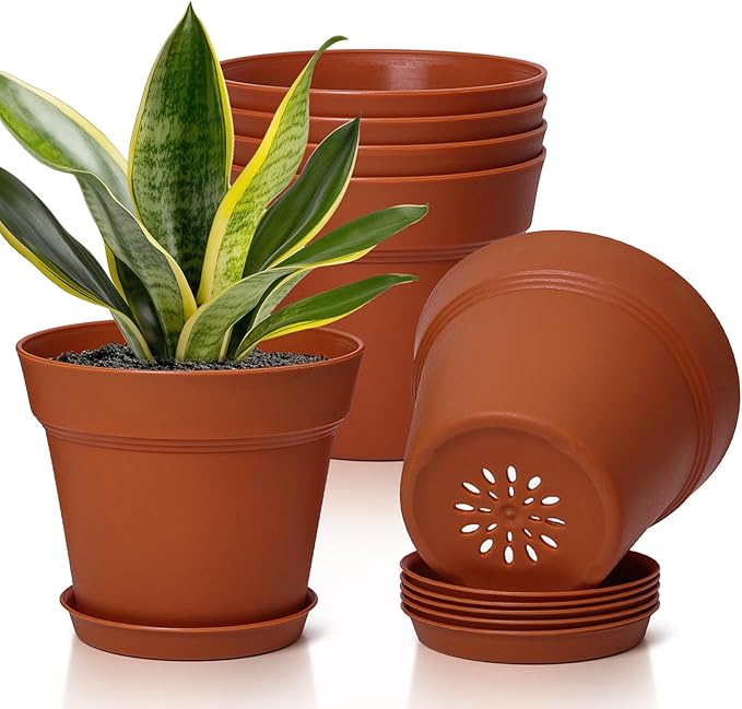 T4U 7.5 Inch Plant Pots 6 Pcs, Flower Pots for Plants, Plastic Planter Pots for Indoor Plants with Drainage Holes and Saucer (6 Pcs, 7.5")
