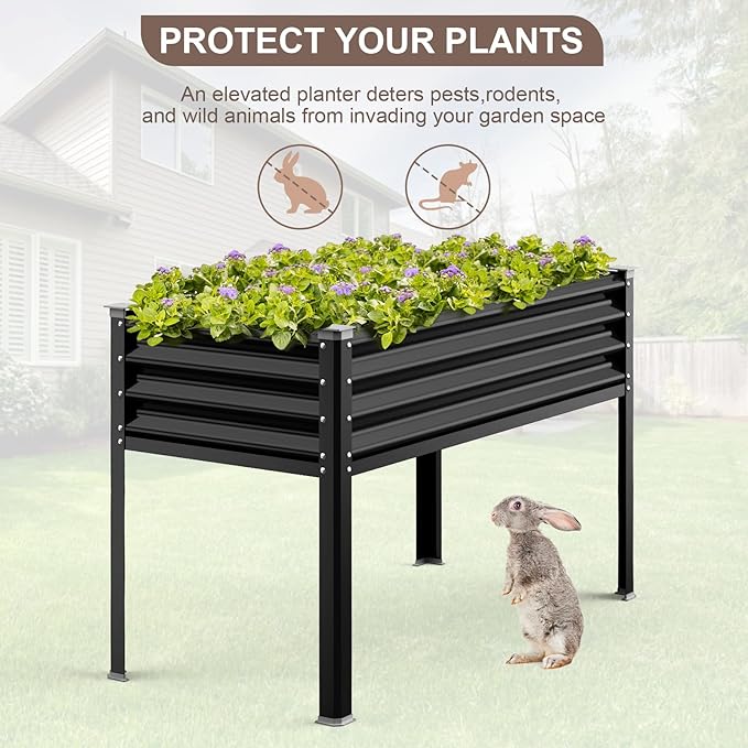 Raised Garden Bed with Legs, 48×24×32in Galvanized Raised Garden Beds Outdoor Elevated Metal Planter Box for Gardening Vegetables Flowers Herb （Black）