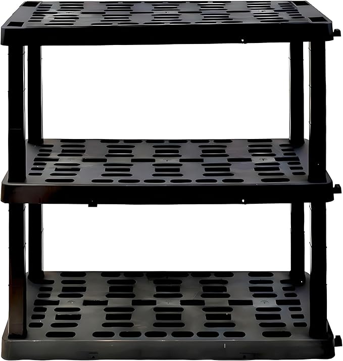 Oskar Heavy Duty Plastic Storage Shelves- for Garage, Kitchen, Bathroom Basement Kids Room, Stackable 3-Tier Black Organizer Rack for Books Shoes, Toys, Pantry, Cleaning and Closet Organization