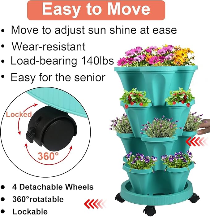 Vertical Planter 4 Tier Stackable Planters Garden Planters Strawberry Herb Flower and Vegetable Planter Indoor Outdoor Gardening Pots with Removable Wheels and Tools