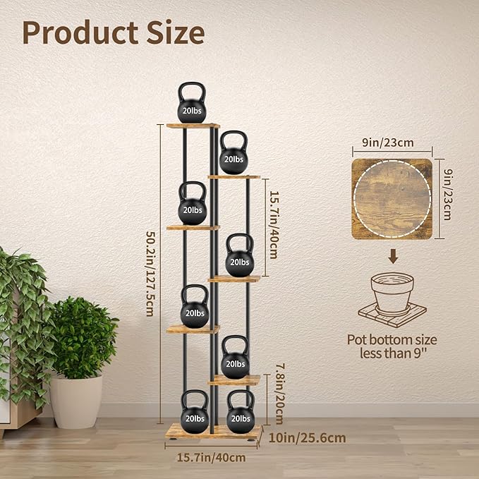 LASZOLA Black 6 Tiered Wood Plant Stand Indoor for Larger Heavy Duty Planter, Sturdy Multi Level Vertical Flowers Racks for Narrow Inside Floor, Decorate Shelving for Hold House Tree, Space Saving