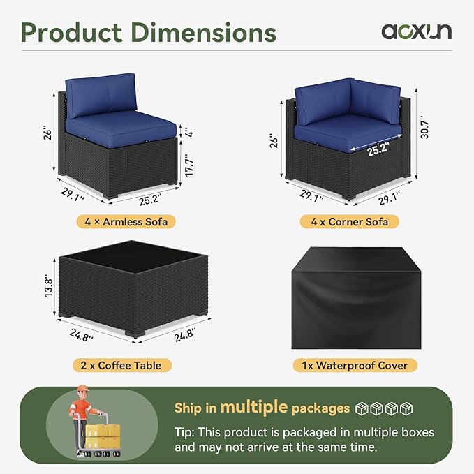 Aoxun 10 Piece Patio Furniture Set Wicker Rattan Patio Sectional Sofa Set Outdoor Seating Furniture with Thickened Cushion, Navy Blue