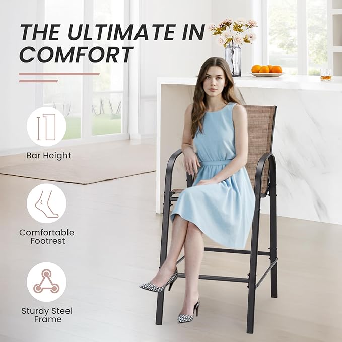 HOMREST Outdoor Bar Height Stools Set of 8,High Back Patio Chairs with Armrests,Textilene Chairs with Breathable Fabric & Metal Frame for All Weather,Brown