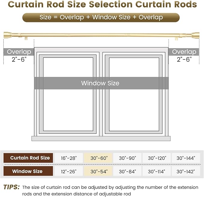 1” Diameter Gold Curtain Rod Itself is 30-60 inch 2 Pack, Fit 30 to 56 Windows with Heavy Duty Adjustable Telescopic Rod，Splicing Metal Extra Long Curtain Rod for Windows Sliding Glass Door