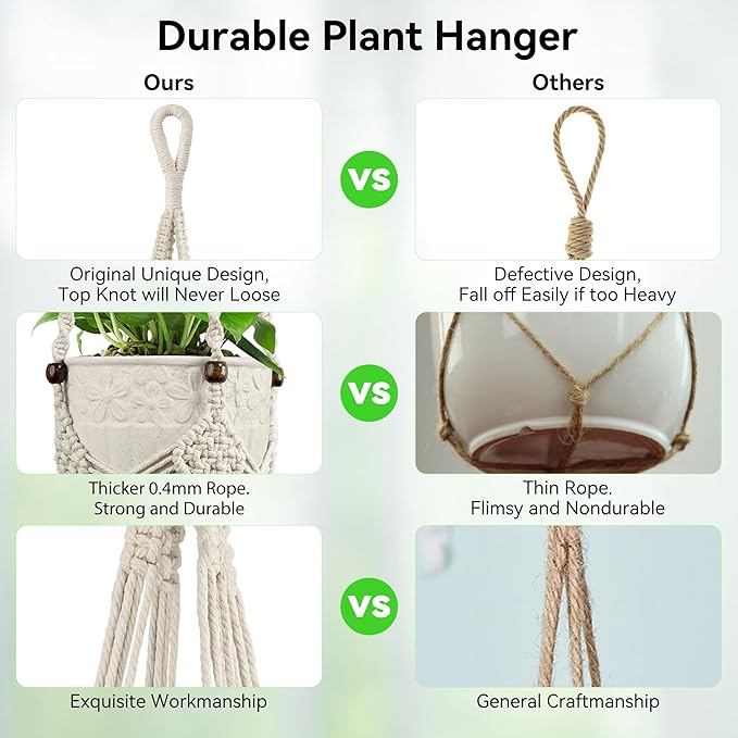 USLAI Macrame Plant Hanger Indoor Outdoor, Fits 3 to 6.5 inch Pots, Hanging Planter Holder with Beads and Tassels, Boho Home Decor, 35+35 Inch, Ivory (POTS NOT Included)