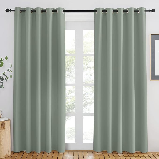 NICETOWN Blackout Sage Green Curtain for Windows 84 inch Long - Thermal Insulated Solid Grommet Room Darkening Drape Sound Reducing for Bedroom/Living Room (1 Panel, W66 x L84)