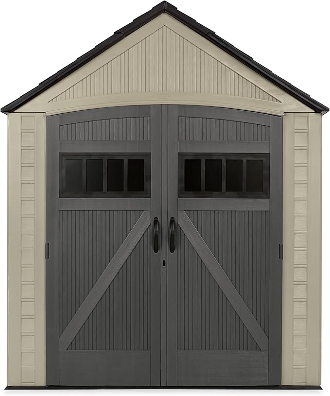 Rubbermaid Resin Outdoor Storage Shed with Floor (7 x 7 Ft) Weather Resistant, Brown Gable, Organization for Home/Backyard/Garden Tools/Lawn Mower/Bike Storage/Pool Supplies