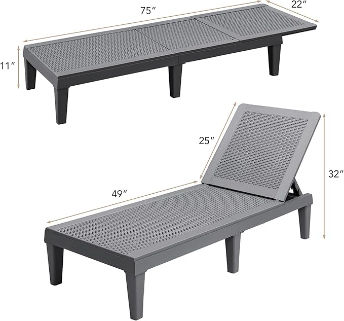 Devoko Outdoor Chaise Lounge Chair Set of 2 for Outside Pool Patio, Adjustable Waterproof Easy Assembly Chaise Lounge Outdoor (Light Grey, Set of 2)