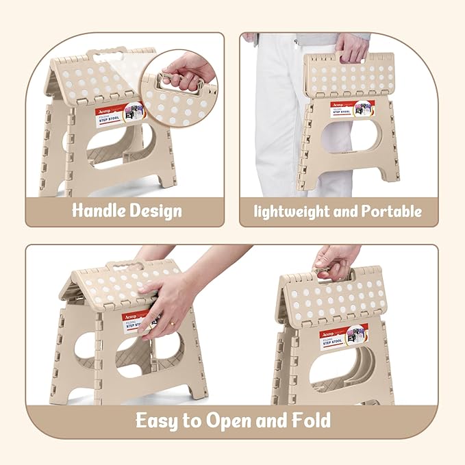 ACSTEP Folding Step Stool 11 Inch, Sturdy Plastic Foldable Step Stool for Kids & Adults, Non Slip Lightweight Collapsible Foot Stools Holds 300 lbs, Ideal for Kitchen, Bathroom, Outdoor, Khaki