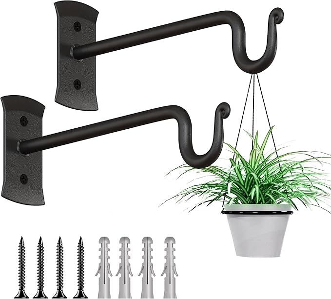 RTZEN Plant Hangers Indoor or Outdoor - Wrought Iron Metal Hanger Indoor Hook - Heavy Duty Wall Bracket Hooks for Hanging Plants Baskets Lanterns Wind Chimes - 2 Pack (Black Shepherds Hooks 10")