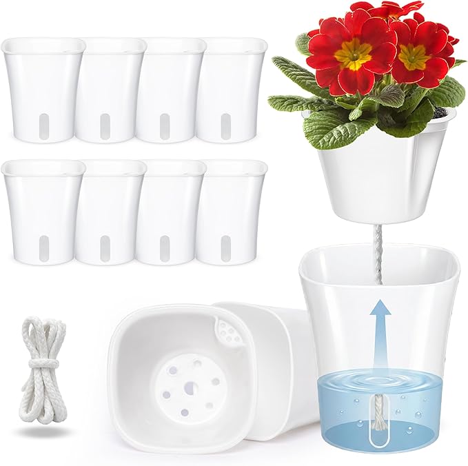 10 Pack 3 Inch Self Watering Pots for Indoor Plants, White Plastic Planters with Water Level Indicator, Drainage Holes & Wick, Small Plant Pots for Cuttings, Seedlings, Herbs, African Violets