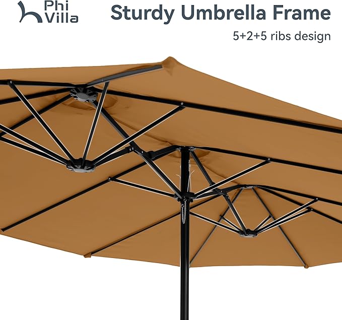 PHI VILLA 15ft Large Patio Umbrellas with Base, Outdoor Double-Sided Rectangle Market Umbrella for Pool Lawn Garden, Tawny