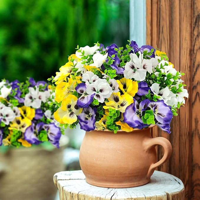 Pansies Artificial Flowers for Outdoors UV Resistant 12 Bundles Silk Pansy Plastic Fake Plants Flowers for Home Outside Garden Window Box Patio Planter Porch Decor (Mixed Color2)