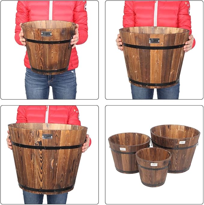 VINGLI 3 PCS Large Wooden Planter Barrel Set, 11.5"(Dia)- 18"(Dia) Real Wood Indoor/Outdoor Flower Pot w/Drainage Holes, Different Sizes, Large Garden Container Box