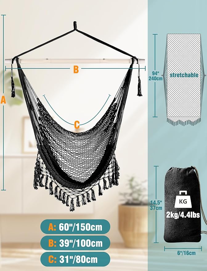 Chihee Hammock Chair Super Large Soft-Spun Cotton Rope Weaving Hanging Chair, Collapsible Strong Metal Spreader Bar Wide Seat Lace Stretch Swing Chairs Indoor Outdoor Garden Yard Theme Decoration