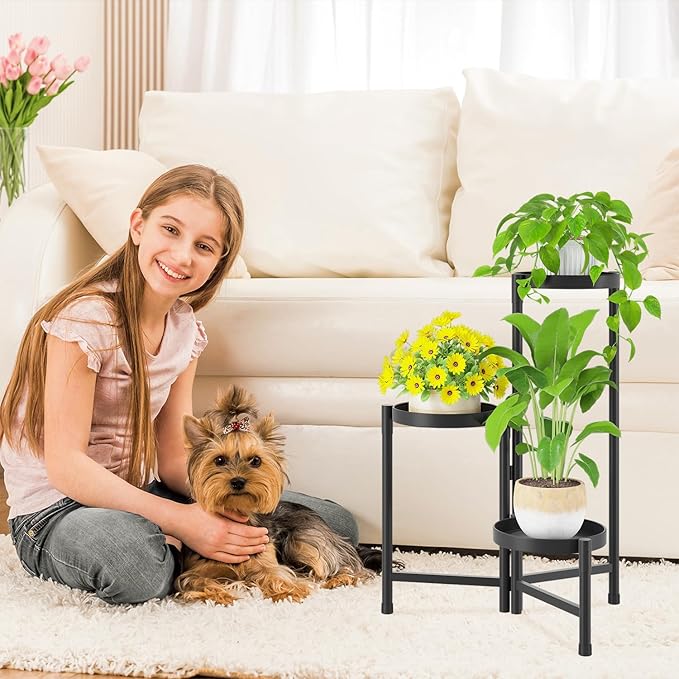 iDavosic.ly Plant Stand Indoor Outdoor, 3 Tier Corner Metal Flower Display Holder Shelf, Easy Assembly Folding Tall Orchid Rack for Patio Balcony Porch Garden Living Room House, Black