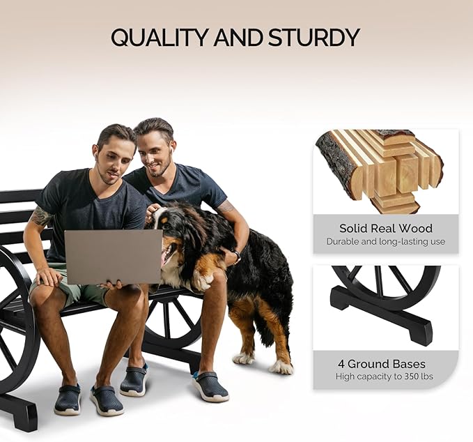 VINGLI Rustic Wooden Wheel Bench Outdoor Bench, Patio Bench Wagon Slatted Seat, Garden Benches for Outdoors 350lbs High Capacity, Weather Resistance (Black, 41in)