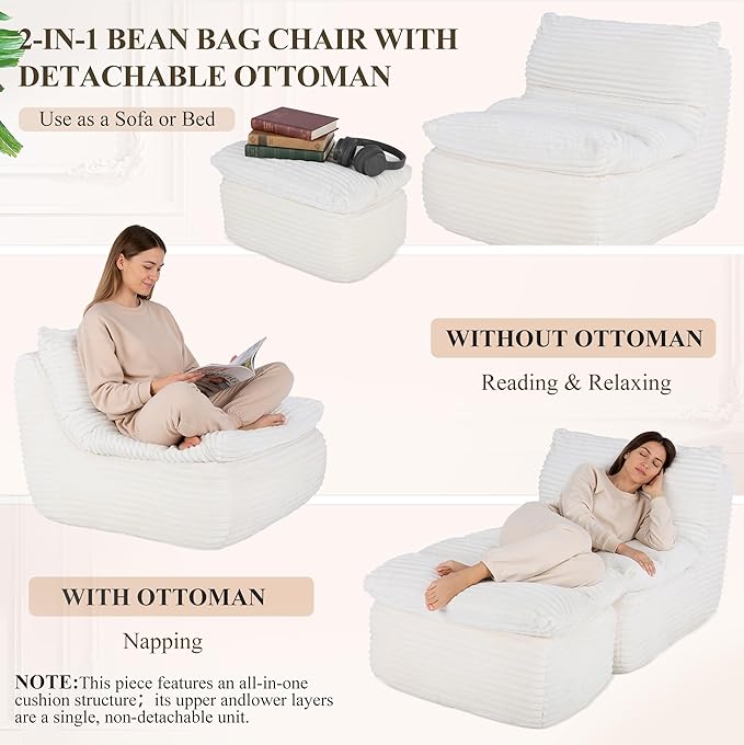 Boneless Chaise Lounge Chair Indoor, Adult Bean Bag Chair with Compressed Memory Foam, Comfy Back Support Sofa Bed Couch for Living Room Bedroom Office Apartment, No Assembly