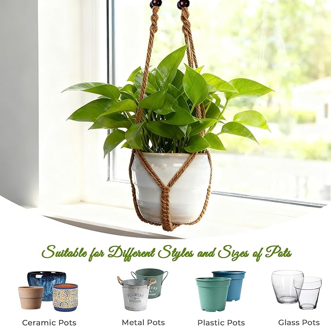 Macrame Plant Hanger, Up to 4-15 inch Pots, Wood Beads Cotton Hanging Planter Holder for Indoor Outdoor Boho Home Decor, 35 Inch, Set of 2 (Brown)