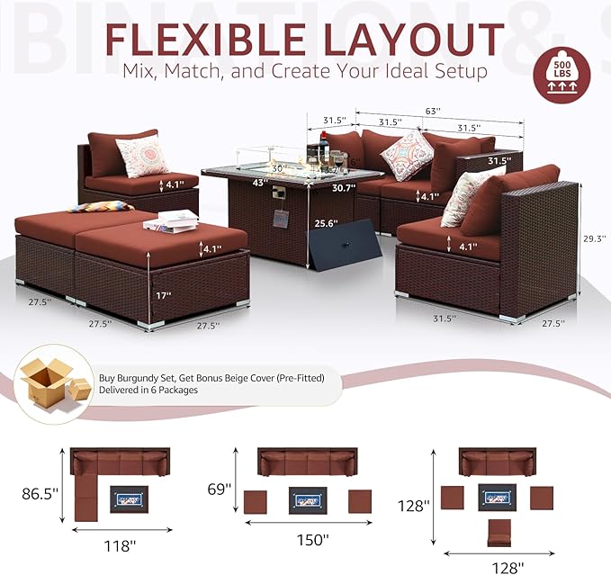 NICESOUL 7 Piece Outdoor Sofa Sectional with Firepit Natural Gas & Propane, Extra Large Patio Furniture Set for Heavy People, Deep Modular Wicker Conversation Sitting, Brown Rattan and Red Cushion