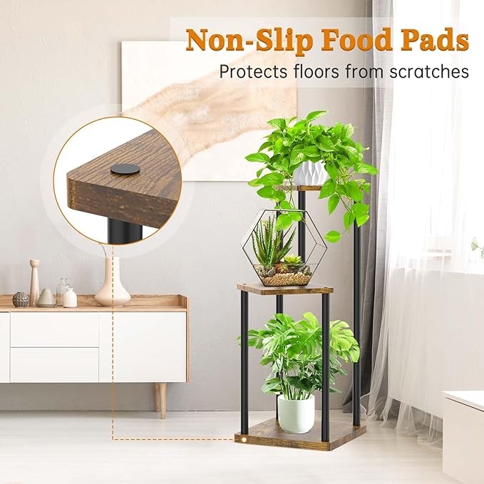 3 Tier Corner Plant Stand Indoor, Metal Wood Flower Pot Holder Shelf, Multiple Display Rack Square Table for Living Room Bedroom Orchid Outdoor Balcony Garden Patio, Modern Black & Rustic Brown