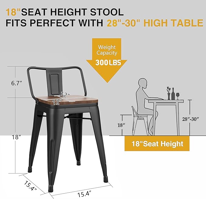 Yongchuang 18" Bar Stools Set of 4 Metal Stackable Short Stools for Classroom Kitchen Dining Stool Chairs with Wood Top Low Back