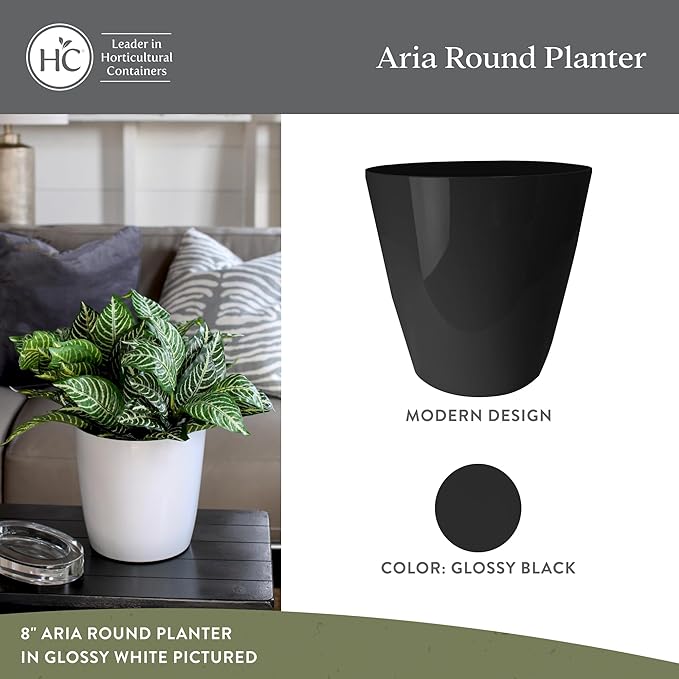 The HC Companies Aria Round Self-Watering Pot - Lightweight Plastic Planter for Herbs & More - Durable Plant Pots for Indoor Plants & Outdoor Plants (10" Glossy Black, Pack of 2)