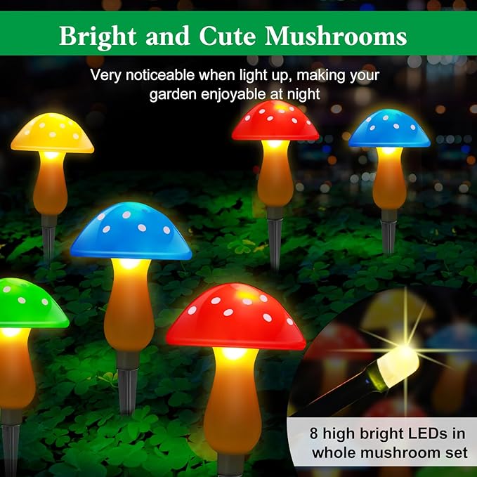 Solar Garden Decor Lights, Solar Powered Mushroom Outdoor Waterproof Long Lasting Mushrooms Stake Lightings with 8 Lights and 8 Modes for Yard Lawn Flowerbed Pathway Decoration (8 in 1)