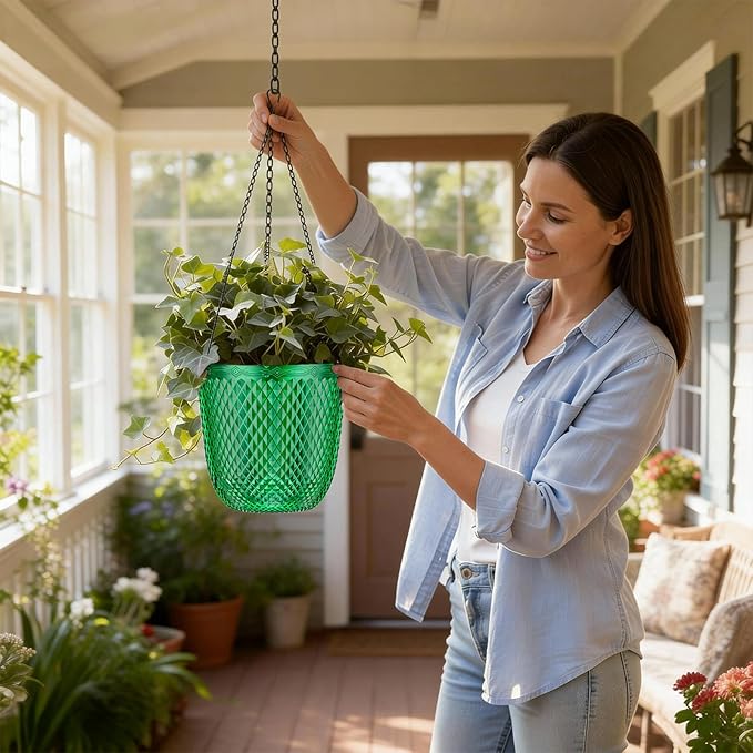 QCQHDU Self Watering Hanging Pots, 2 Pack 7.2 Inch Hanging Planters for Plants Indoor, Outdoor Flower Pots with Drainage Holes and 3 Hooks Chains for Garden Home (Emerald)