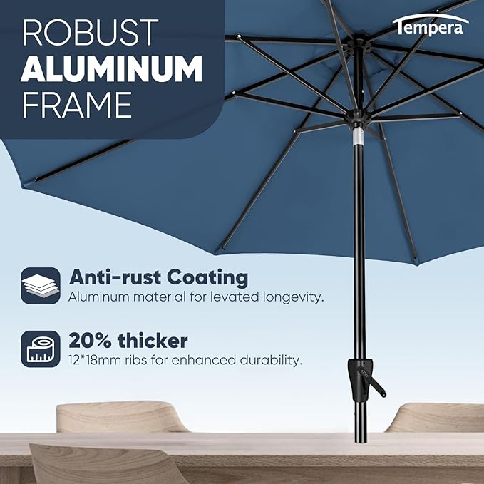 Tempera Patio Market Outdoor Table Umbrella with Auto Tilt and Crank, Large Sun Umbrella with Sturdy Pole & Fade Resistant Canopy, Easy to Set