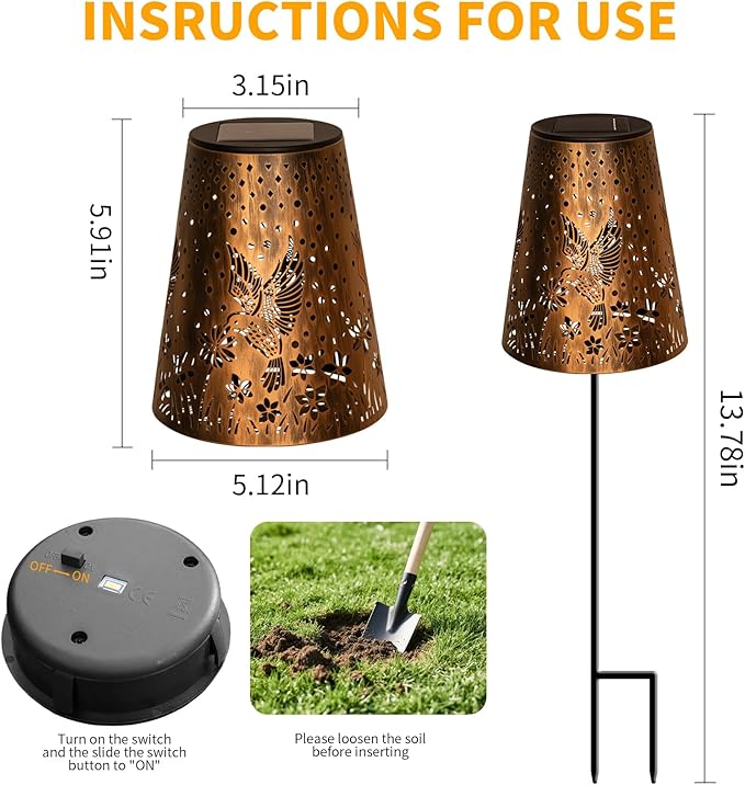 Solar Pathway Lights Outdoor, LED Bright Metal Retro Waterproof, Outside Decorative Hummingbird Lanterns Solar Powered for Path Lawn Patio Yard Walkway (Hummingbird 2P)