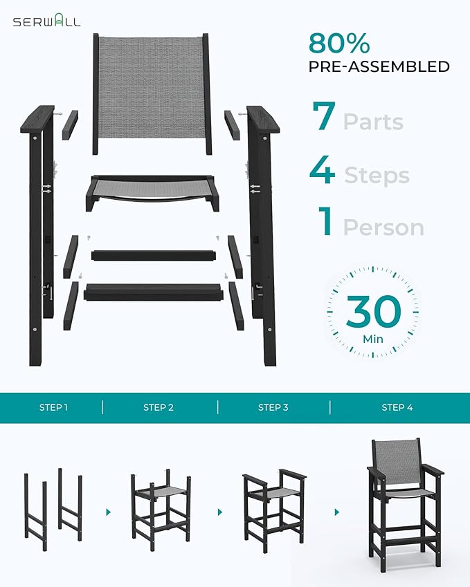 SERWALL Textilene Adirondack Bar Chairs Set of 2, Tall Adirondack Bar Height Chairs, Sling Balcony Adirondack Chairs, Weather Resistance Resin Outdoor Bar Height Stools, Black