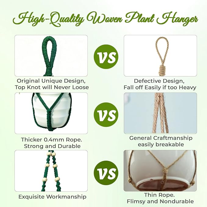 Macrame Plant Hanger,Up to 4-15 inch Pots, Wood Beads Cotton Hanging Planter Holder for Indoor Outdoor Boho Home Decor, 35 Inch, Ivory, Set of 2 (Green)