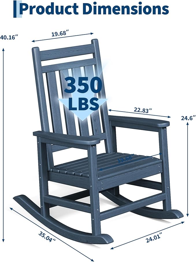 HDPE Rocking Chair Outdoor- Poly High Back Porch Rocker Chairs for Adults - All Weather Resistant Furniture for Patio Front Porch - Navy Blue
