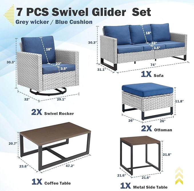 Belord 7 Piece Outdoor Furniture Patio Wicker Sofa Set, Oversize Outdoor Swivel Rocker Chairs with Rattan Ottomans, Conversation Sets Patio Furniture Come with Removable Cushion Blue, Light Grey