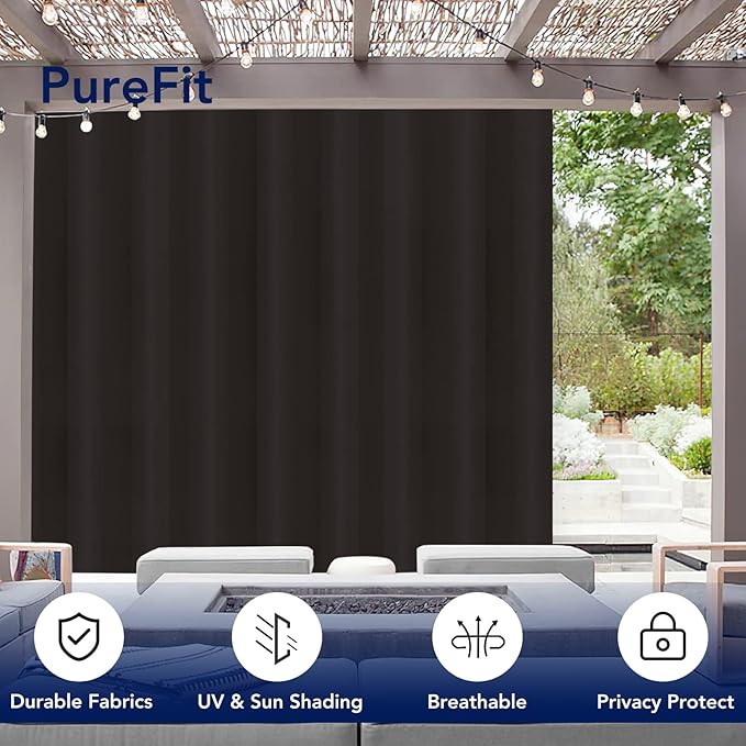 PureFit Outdoor Curtains for Patio Waterproof Weatherproof, UV Resistant Outside Curtains for Gazebo, Front Porch, Pergola, Sun Blocking Privacy Curtain, 120W x 84L inch, 1 Panel, Chocolate