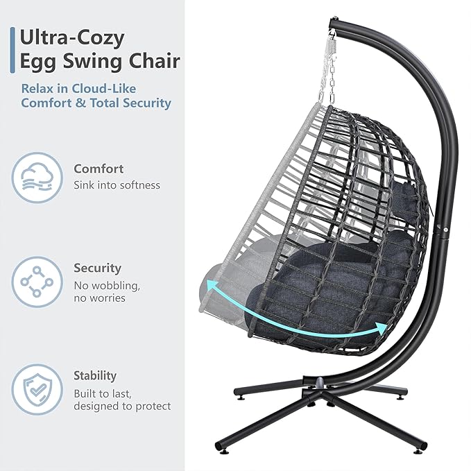 SWITTE Double Egg Swing Chair with Stand, Outdoor Patio 2 Person Hanging Wicker Hammock Chairs with Cushion for Indoor Bedroom, Lawn, Garden-Dark Grey
