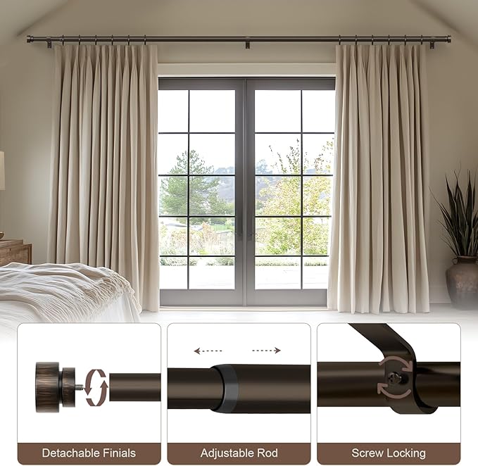 Modern Antique Brown Bronze Curtain Rods for Windows 48 to 84 Inches Adjustable Heavy Duty 1" Diameter Window Rod with Decorative Finials for Outdoor Farmhouse Bedroom Kitchen Living Room