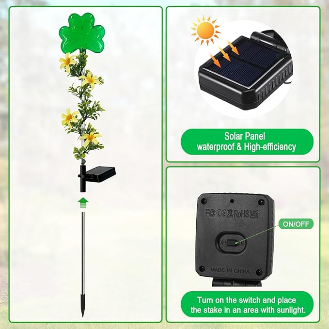 ST Patrick's Day Decorations Outdoor,2 Pack Shamrock Solar Lights Outdoor,Solar Powered Green Fairy Lights Holiday Decorations for Yard,Lawn,Garden Stkae