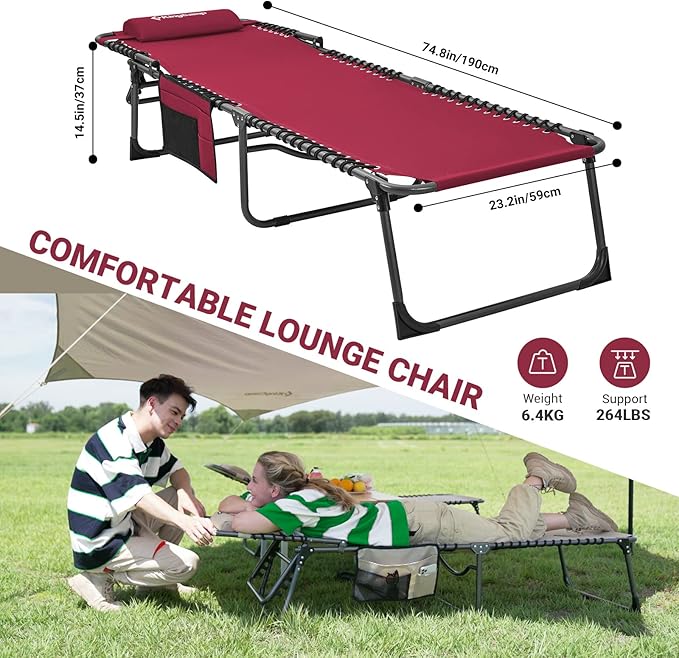 KingCamp Lounge Chair Outdoor, Folding Portable Tanning Chairs Comfy Adjustable 5-Position Lay Flat Foldable Chaise Chaser Lounger with Pillow for Outside Beach Patio Sun Bathing Pool Backyard, Wine