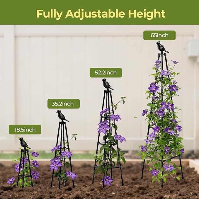 Garden Trellis for Climbing Plants Outdoors,65" Tall Cucumber Trellis Garden Obelisk Trellis Rustproof Plants Support with Adjustable Heights for Indoor Potted Plants, Vines, Vegetables