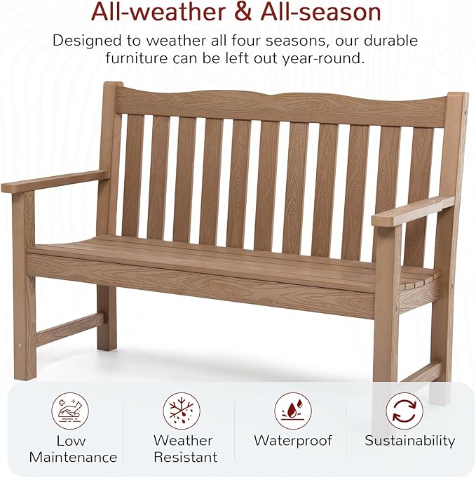 Stoog Outdoor Benches Set of 2, 2-Person Poly Lumber Garden Bench with Real Wood Look, Never Fade & Rust-Proof, All-Weather for Patio, Porch, Deck, and Backyard, Teak