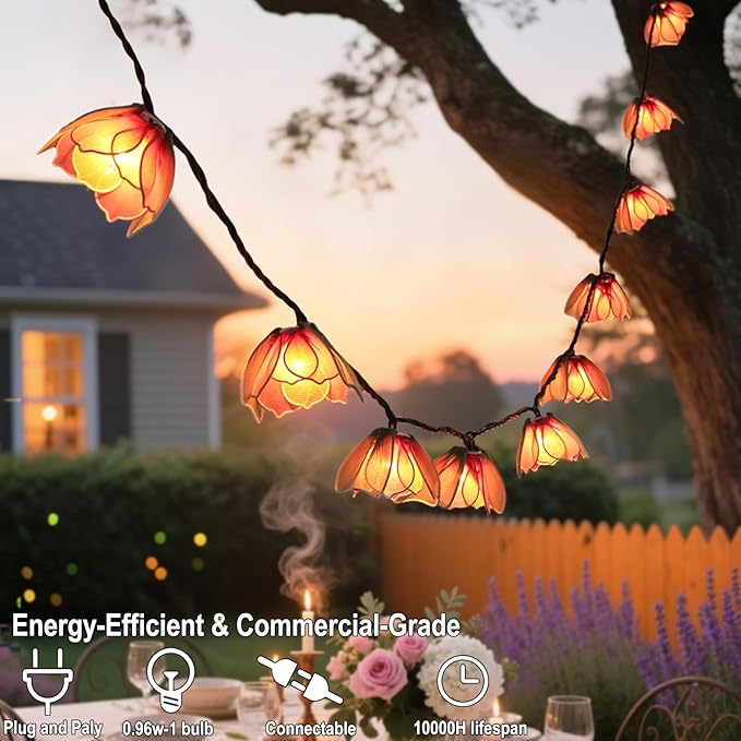 Decorative String Lights Plug in with 10 Incandescent Bulbs, Flower Garland Fairy Lights Connectable Weatherproof Outdoor Indoor for Wedding Garden Pergola Bedroom Porch Floral Home Decor (Multicolor)