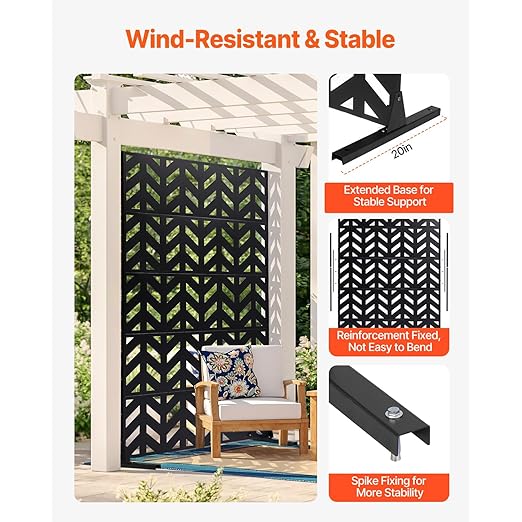 VEVOR Metal Privacy Screen, 47" W x 72" H, Outdoor Privacy Screens 5-Panel, Freestanding Outdoor Divider with Stand, Decorative Garden Steel Privacy Fence for Balcony Patio Indoor Room Black